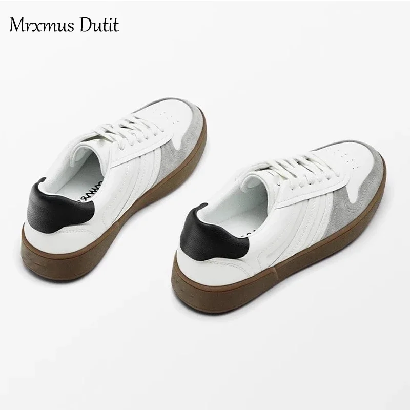 Mrxmus Dutit Women Autumn New 2024 Round Head Flats Shoes Leather Commute Versatile Lacing Sneaker Thick Soled Shoes Female Chic