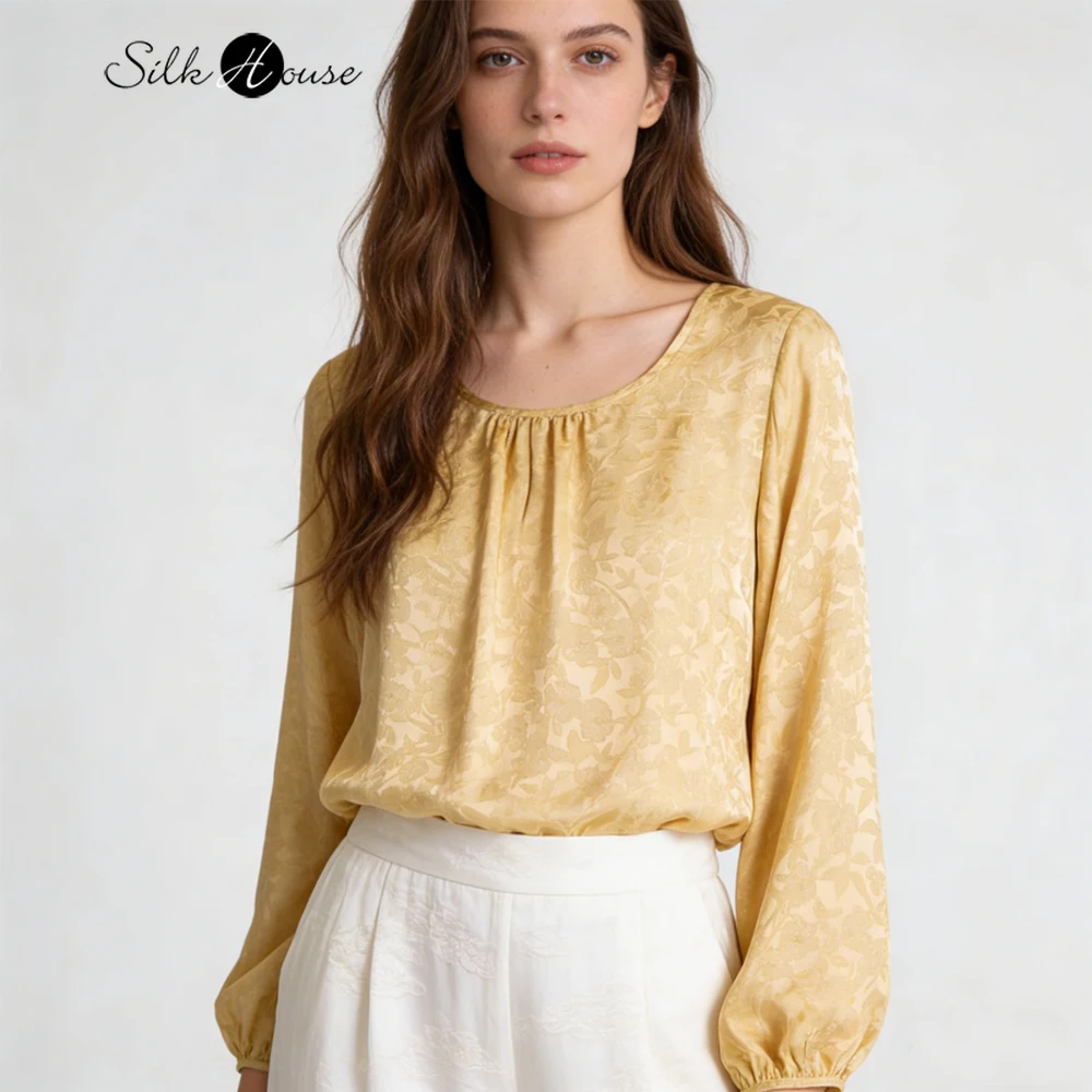 

Women's Fashion Spring Clothing Classical Breathable 100% Natural Mulberry Silk Jacquard Satin Round Neck Lantern Sleeve T-shirt