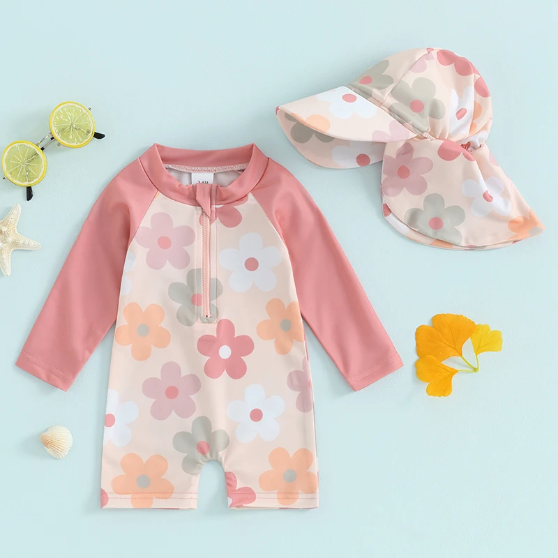 0-3Years Toddler Girls Rash Guard Beach Swimwear Long Sleeve Floral/Tropical Tree Print Zip Up Bathing Suits with Hat