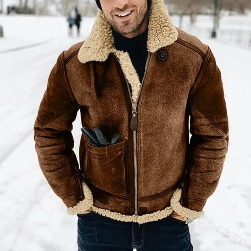 

Thickened Men's Jacket Warm Faux Leather Warm Jacket Large Lapel Contrasting Color European American Suede Fur piece Jacket