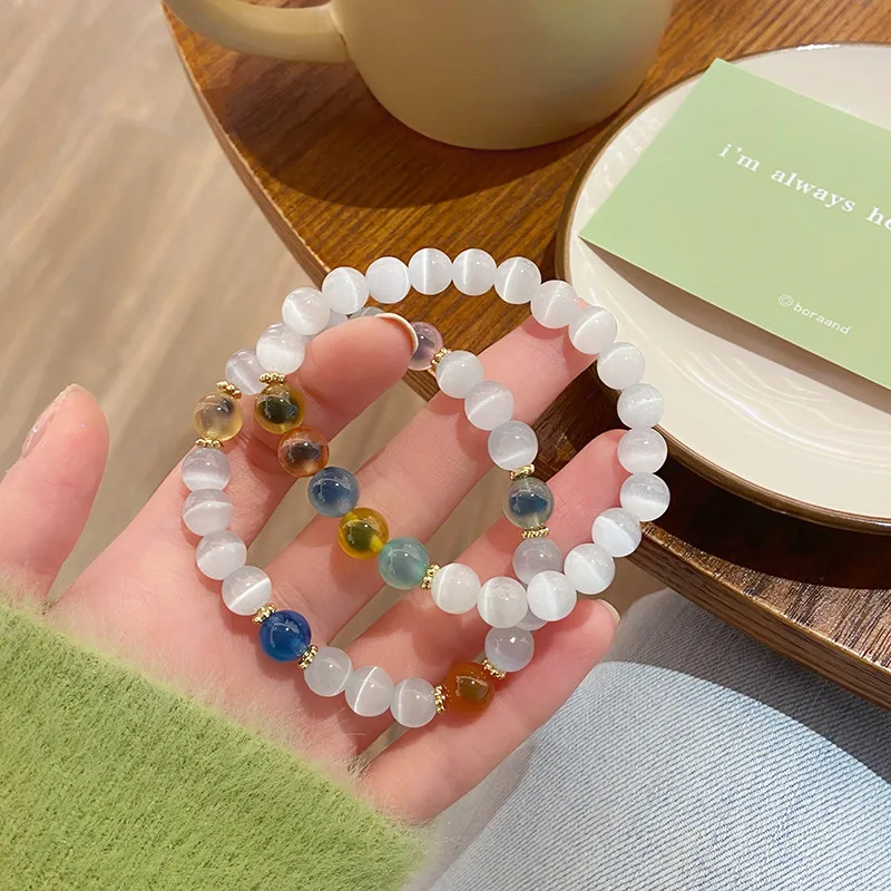 

Spring Sweet Fresh Mori Princess Style White Cat Eye Women's Sugar Heart Agate Bracelet Girlfriend Gifts