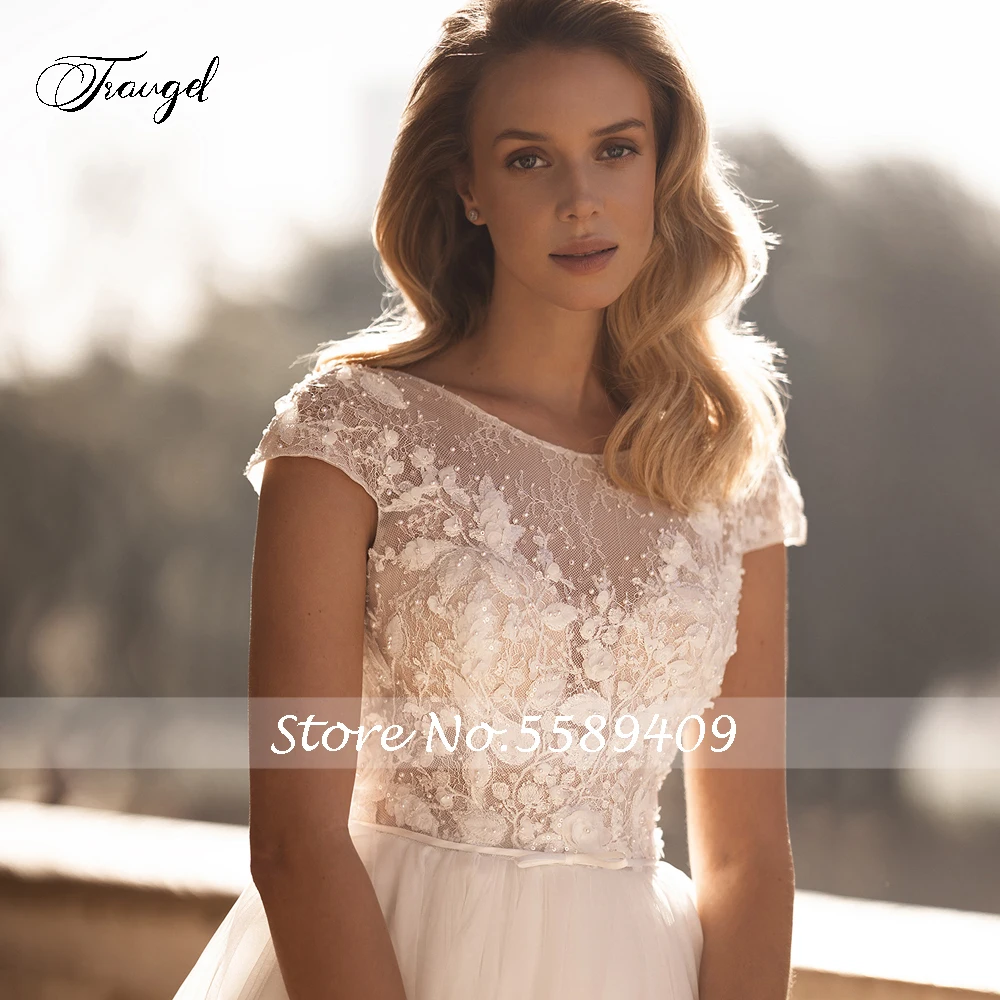 Traugel Sexy Illusion Cap Sleeve Vintage Wedding Dresses Delicate Scoop Neck Appliques Beaded Court Train A Line Bridal Gown