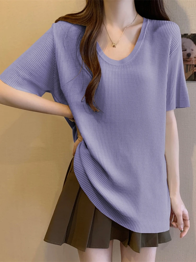 Ice Silk Short Sleeve T-Shirt Women's Thin Summer Clothes Large Size Base Shirt Fat MM Slimming Belly Cover Bright Shoulder U...