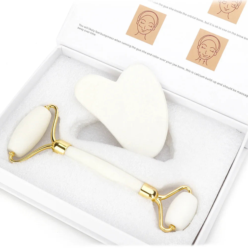 White Jade Roller Gua Sha Set Massage Tool White Jade Anti Aging Eye Puffiness Wrinkles Skin care Massage for Face Eyes Slimming