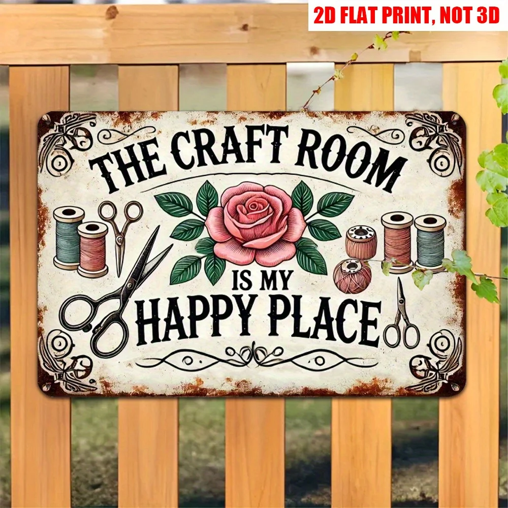 شعار معدني مسطح ريترو ستوديو ثنائي الأبعاد، 12 * 8 بوصة تأثيرات بصرية ملونة لوحة زخرفية مع مقص، مخطوطات، توضيح زهور