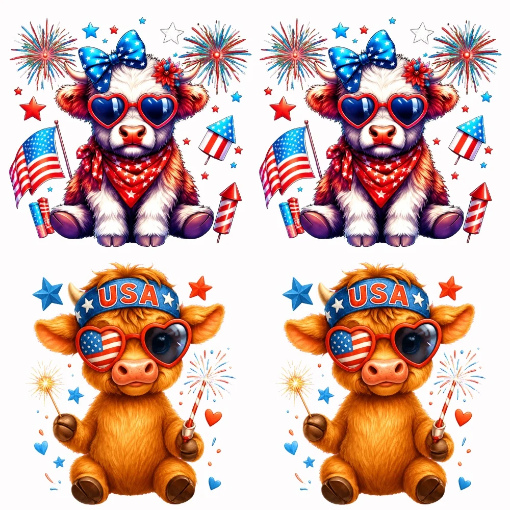 4PCS 9.84in DIY iron on transfers,  Patriotic Cow Fireworks Easy to transfer heat, suitable for T-shirts,  washable stickers