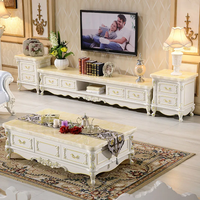 

European solid wood TV cabinet marble American villa living room size apartment coffee table combination gold and silver storage