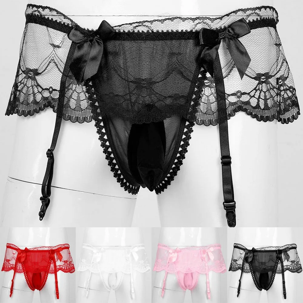 Mens Breathbale Lingerie Panties Underwear See Through Lace Briefs With Garter Sexy Jockstrap Ulta-thin See Through Underpants