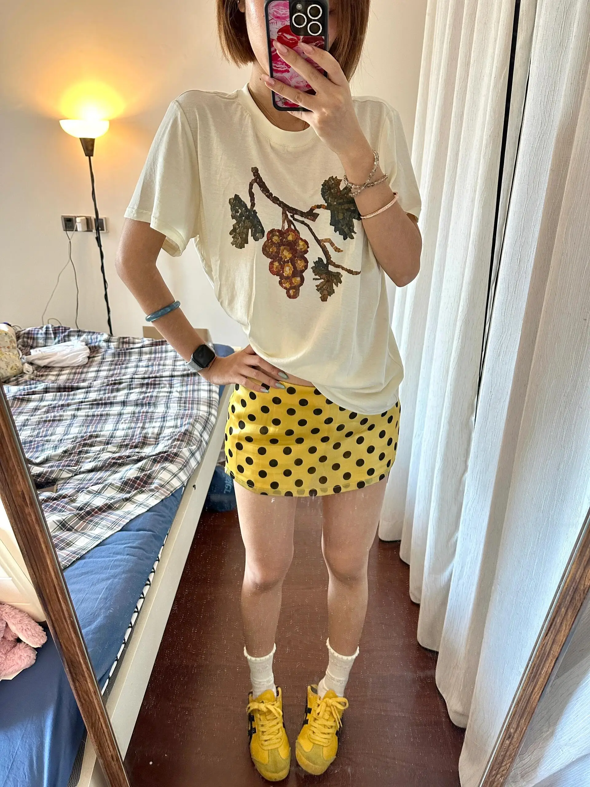 

American Retro Yellow Polka Dot A-Line Skirt Women's Summer New All-Match Side Zipper Slimming Versatile Short Skirt Pants