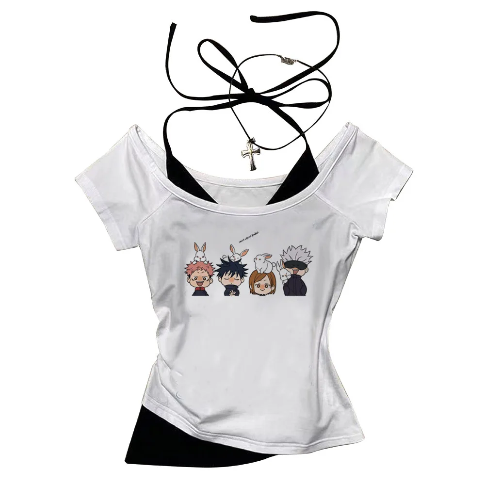 Jujutsu Kaisen Gojo المحاصيل الأعلى سليم صالح لطيف الصيف بيبي دول لطيف شوجو فتاة نمط مشد الجمالية 2000s امرأة تي شيرت