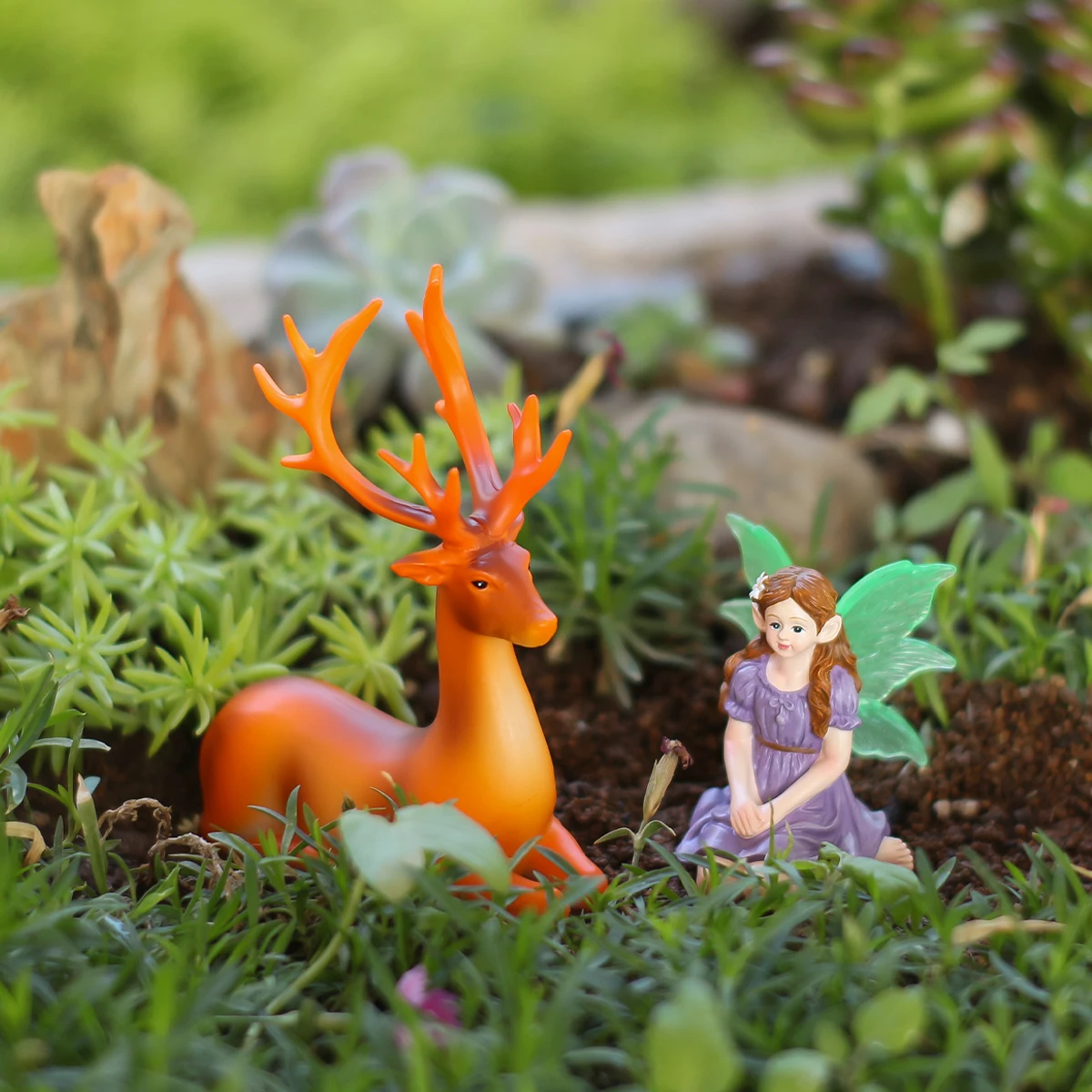 Spring Forest Elf and Deer Resin Ornament Set | Fairy Tale Style Desktop Healing Gift, Perfect Combination of Winged Flower Fair