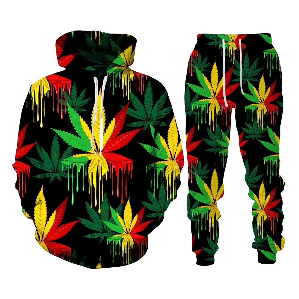 New 3D Printing Couple Tricolor Maple Leaves Fashion Men Women Tracksuits Crewneck Hoodies+pants Plus Size S-7XL Men Clothing