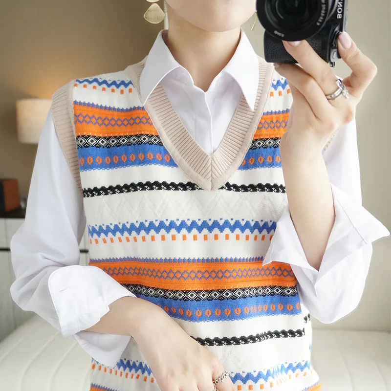 

Повседневный вязаный топ на бретелях с v-образным вырезом, женские комбинезоны, свободный ор, цветной свитер в стиле пэчворк, пальто, осенний сезон