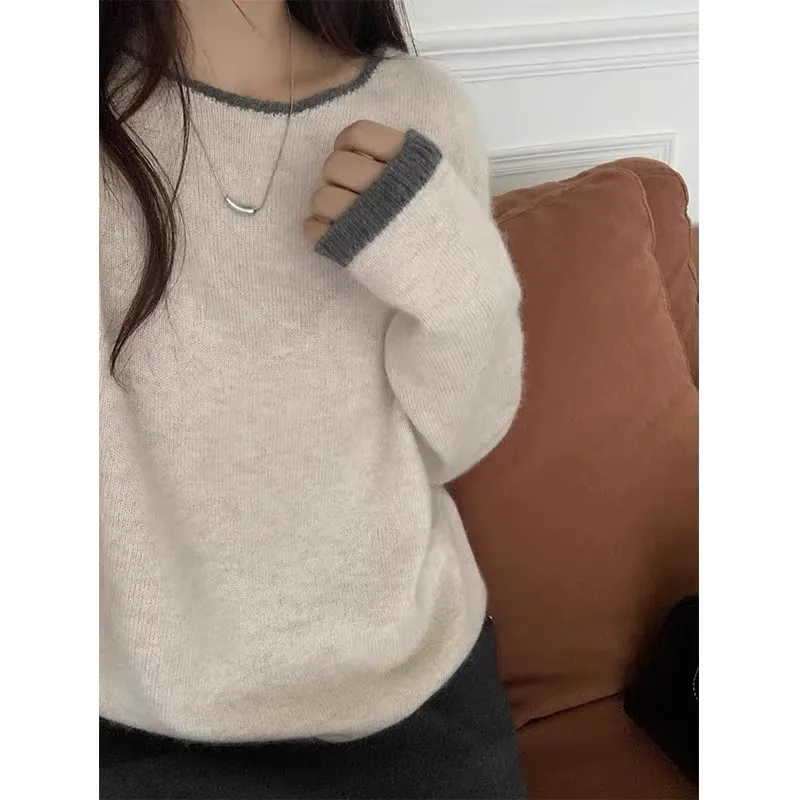 

Стильный цветной свитер из 100% кашемира с круглым вырезом, осенне-зимний свободный вязаный свитер на шерстяной основе и пуловер