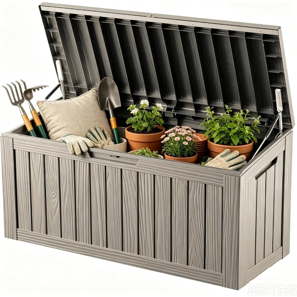 Large 98 Gallon Deck Box, Waterproof Outdoor Storage with Lock, Patio Bench for Cushions and Tools, UV-Resistant, Gray Brown