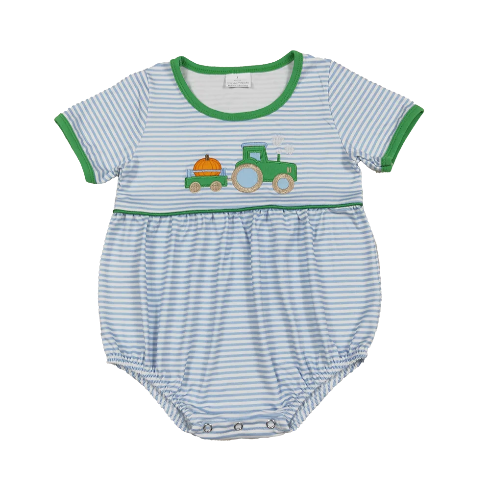 

9.23 Baby Boys Summer Rompers Embroidery Baby Boys Blue Stripe Pumpkins Truck Fall Rompers