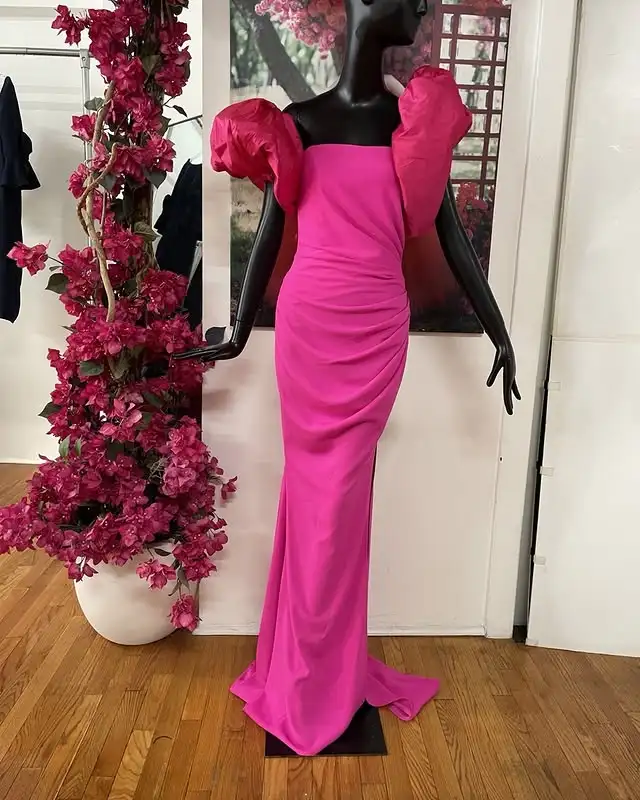 Real Image Fuchsia Stretchy Long Maxi Dresses To Formal Party Eye Catching Puff Short Sleeves Women Dress Maxi Gowns