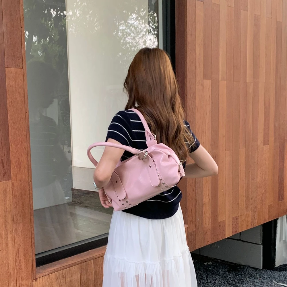 Fashion Rivet Bowling Bag Designer Women Handbags Luxury Soft Pu Leather Shoulder Bags Y2K Motorcycle Bag 2026
