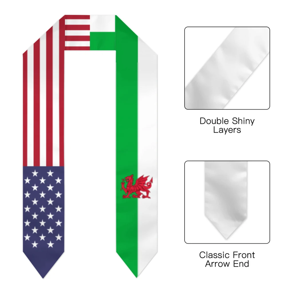 Graduation Sash Wales Cymru & USA United States Flag Stole Shawls Graduate Wraps Scraf International Student Pride Gifts