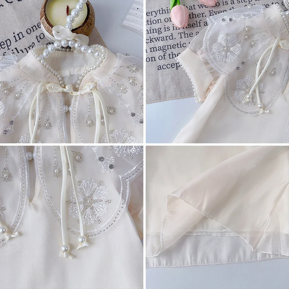 Sommer Neue Chinesische Stil Elegante Weiße Spitze Blume Bestickt Kurzarm Kleid Süße Mädchen Kleidung 2-7 Jahre alt Cheongsam – Detail 8