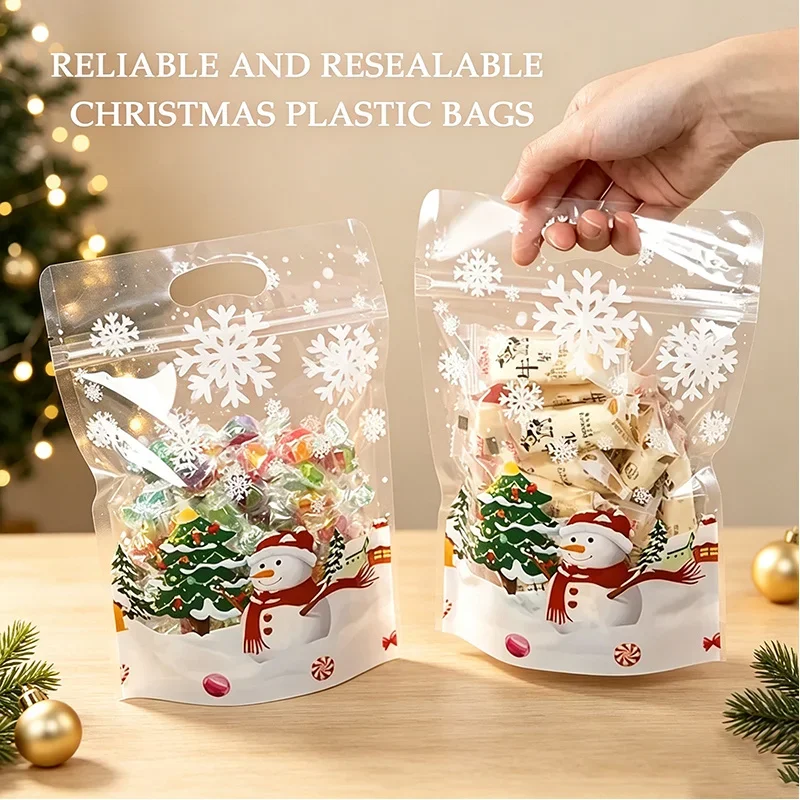 30/60pcs Transparent Snowflake Packaging Bags, Clear Christmas Cookie Sealing Bags with Handles Snowman Plastic Bags