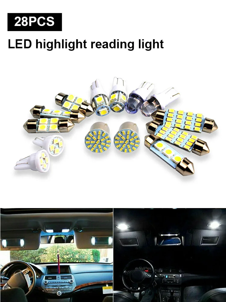 Interior do carro LED Lâmpada de leitura, Combo branco, mapa, cúpula, porta, tronco, matrícula, T10, 28pcs