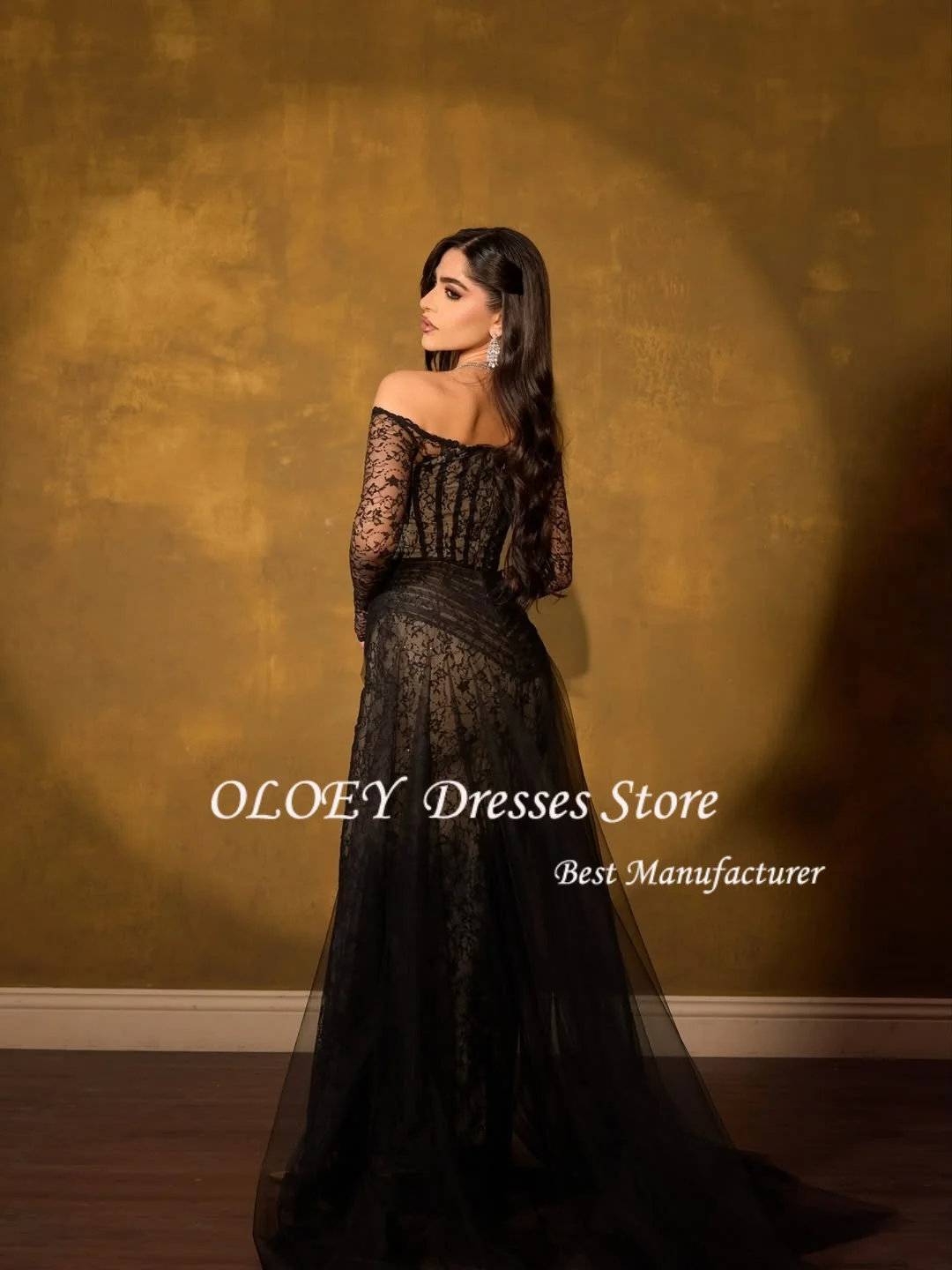 OLOEY Czarne Koronkowe Sukienki Wieczorowe Seksowna Czarna Sukienka Syrena z Gorsetem na Wesele, Sukienka na Przyjęcie, Długa Suknia Balowa z Długim Rękawem na Zamówienie, Vestidos