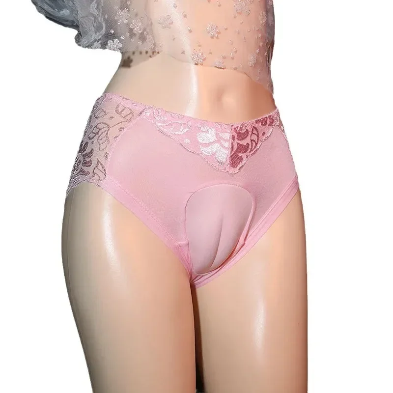 Bragas Sissy, ropa interior Sexy con punta de camello para hombre, lencería transparente de encaje, travesti, Vagina falsa, calzoncillos artificiales