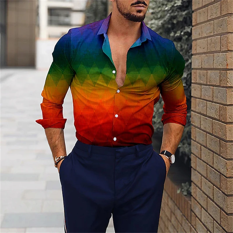 Men's Casual New Long-sleeved Shirt Autumn 3d Colorful Printed Blouse Men's Temperament Lapel Single-breasted Shirt Clothing