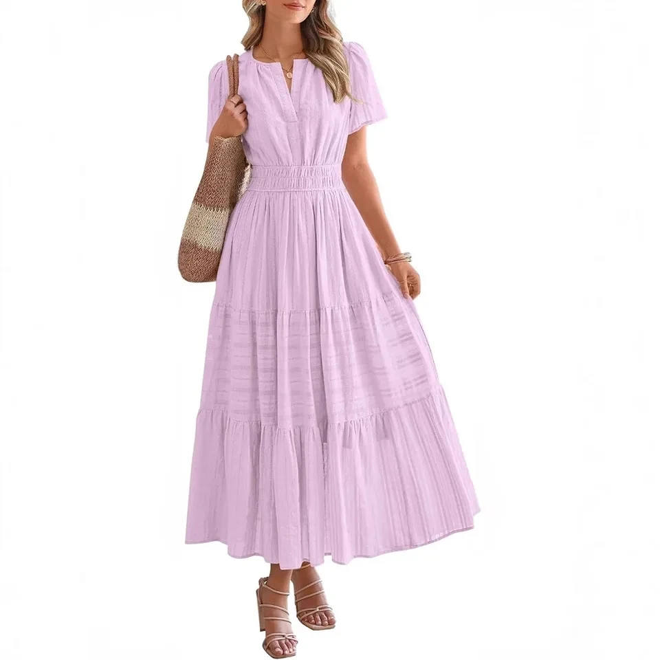 

2025 New Light Purple Waist Tying V Neck Ruffle Hem Short Sleeve Dress Women Temperament Elegant Fashion Long Gown