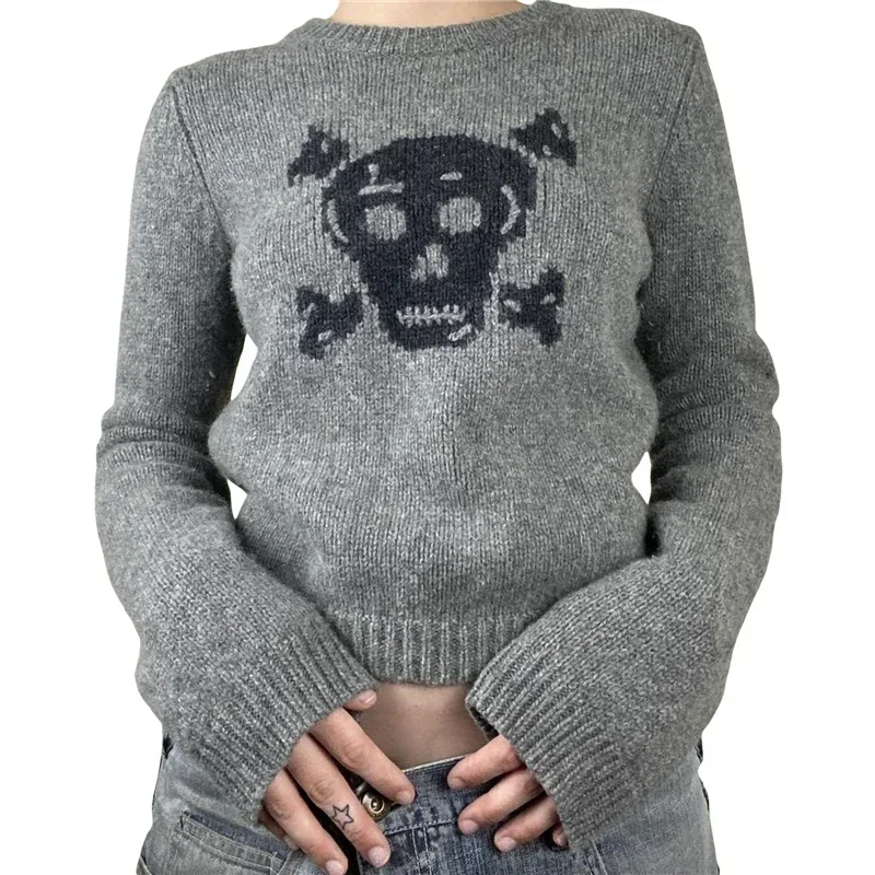 Skull Sweater y2k Aesthetic Fairy Grunge Clothes Women Gray Long Sleeve Crop Top 2000s Punk Gothic Pullover Streetwear