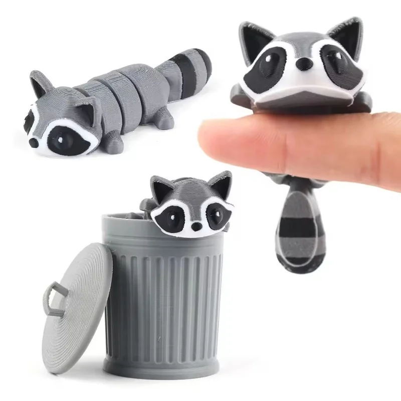 

New 3D Printed Articulated Raccoon Fidget Toy with Trash Can - Multi-Jointed Movable Decor, Desktop Home Model & Kids Ornament