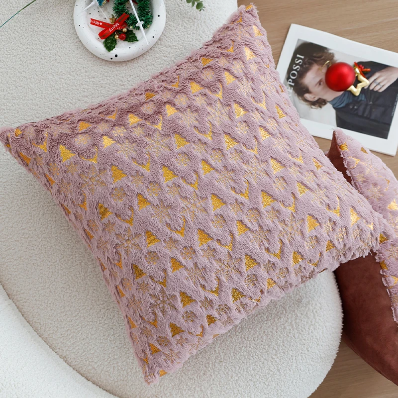 Pink Plush Christmas Elk Cushion Cover Hot Stamping Pillow Cover 45*45cm 30*50cm Christmas Supplies for Living Room Sofa Party