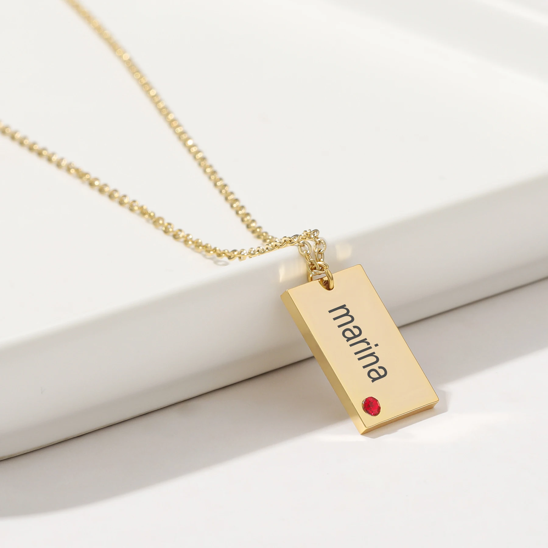 Nome personalizado Praça Birthstone Colar para mulheres, aço inoxidável de zircônia, pingente banhado a ouro 18k, presente de alto volume