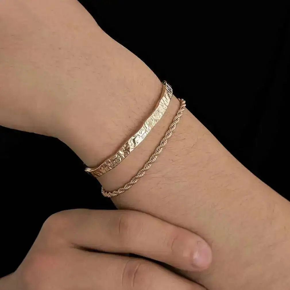 SHIXIN 2Pcs/Set Classic Metal Textured Hammered Open Bracelets Men Vintage Geometric Gold Color Adjuatable Bangles Daily Jewelry