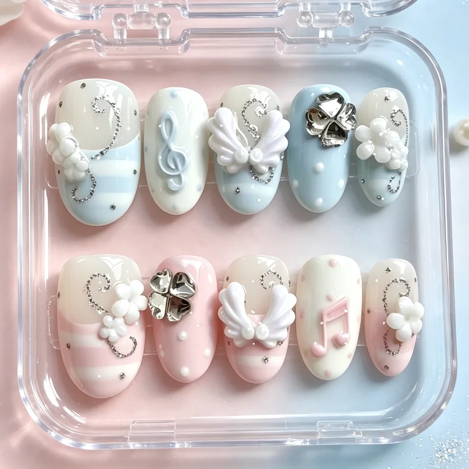 10 uñas ovaladas prensadas a mano, hermosas uñas postizas con trébol rosa y azul 3