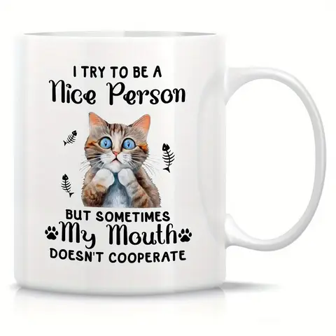 Reusable & Machine Washable Ceramic Mug, Whimsical Cat Multipurpose Coffee Tea Cup - Ideal Gift for Cat Lovers, Use Without Elec