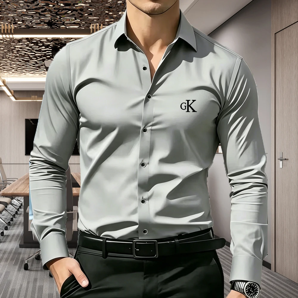 Men's Premium Business Casual Shirt, Word GK Print Slim Fit Long Sleeve Wrinkle Resistant Dress Shirt, 5 Colors Available, S-XXL