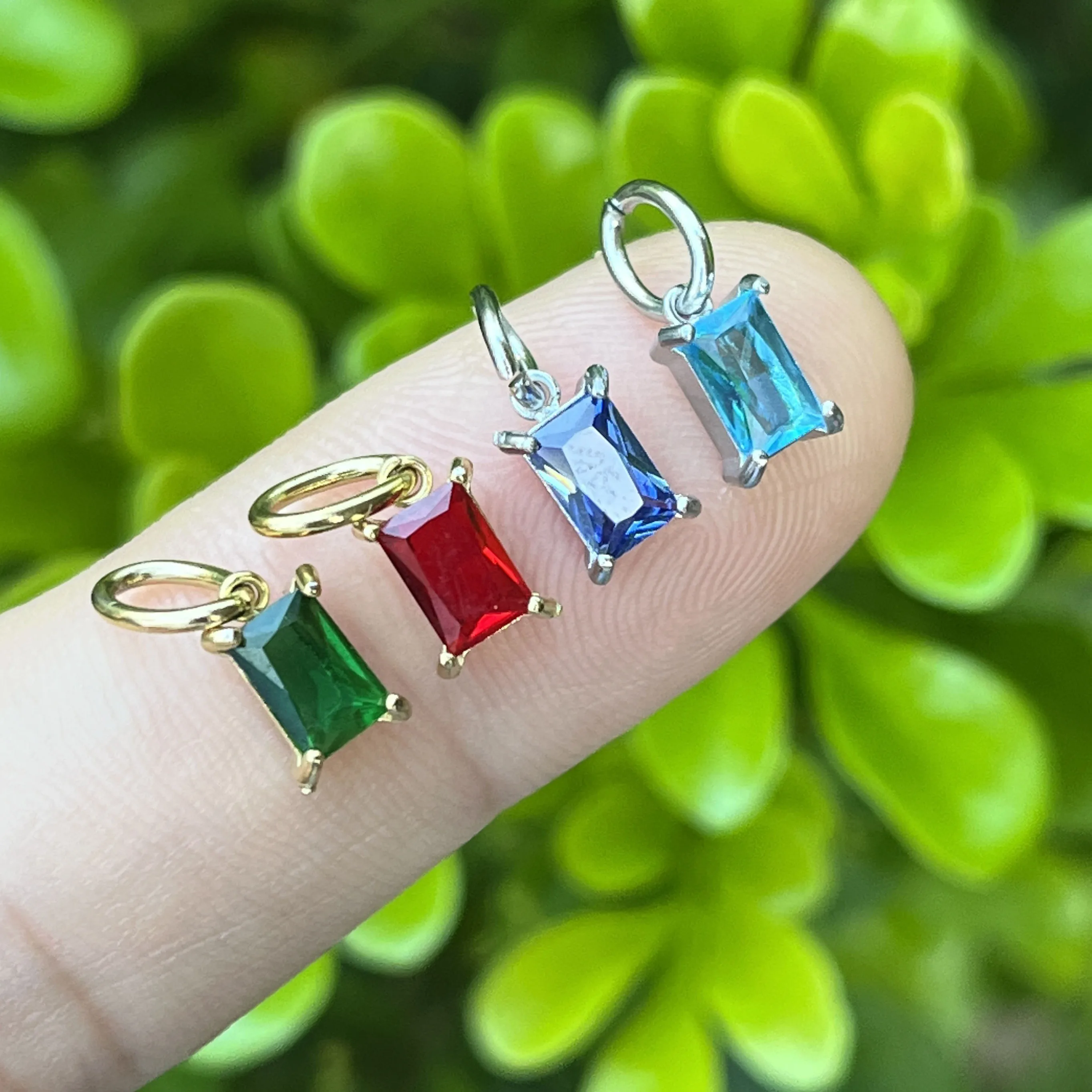 10pcs/ Bag 12-Month Birthstone Pendant Necklace Stainless Steel Non-Tarnish Waterproof Multicolor Rectangular Zircon Charm