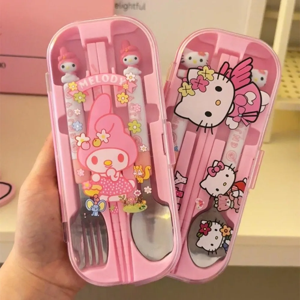 

Hello Kitty Tableware Cute Cartoon Portable 3-piece Cutlery Set Student Fashion Delicate Stainless Steel Fork Chopsticks Spoon