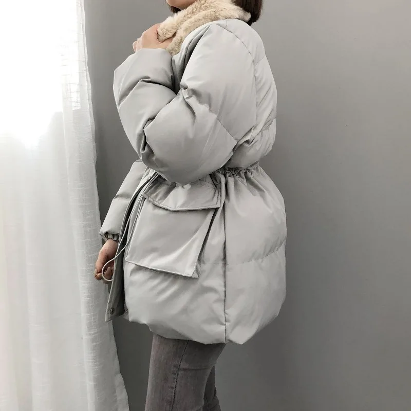 Abrigo de algodón de longitud corta para mujer, Parkas con cintura, prendas de vestir con solapa de pelo de conejo, abrigo de Cuello de piel,