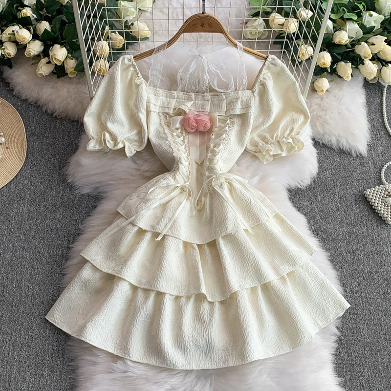 

Elegant Gentle Square Neck Bubble Sleeve Dress Women's Straps Waist Cinched and Slim Princess Lolita Cake Skirt