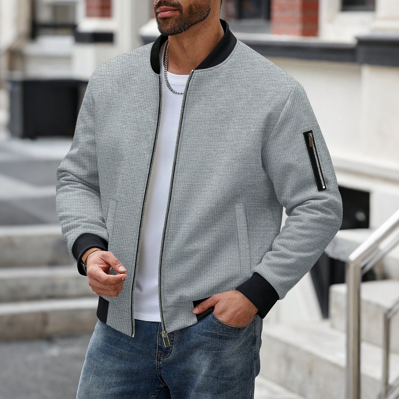 Men's Breathable Waffle Knit Bomber Jacket 2026 New Arrival Contrast Trim Zip Up Stand Collar Streetwear Coat