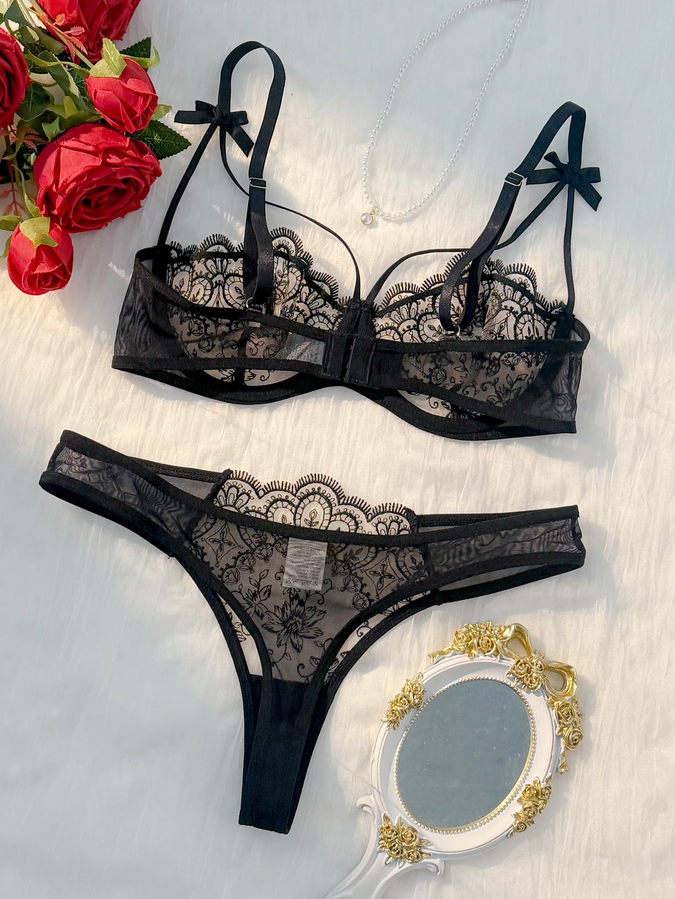 2-piece women's black comfortable lightweight bow semi transparent lingerie set ZA824057 - Image 2