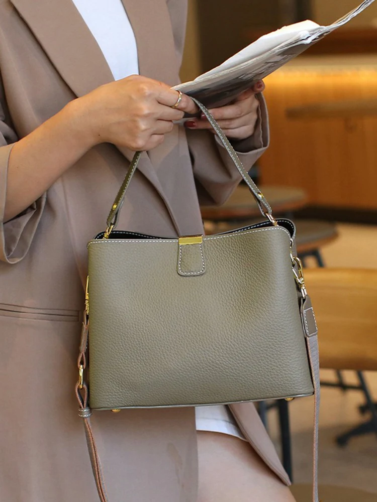 Zency Genuine Leather Women Shopper Shoulder Bag Large Capacity Bucket Handbag Top Handle