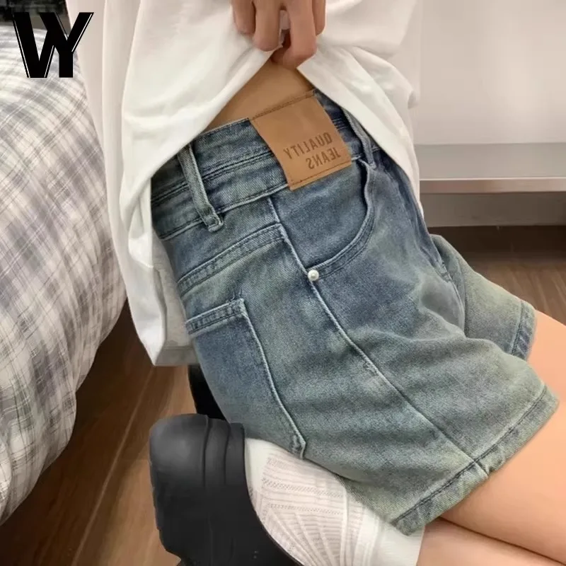 

Slim Fit High Waist American Retro Denim Shorts Women's Double Buckle Loose A-Line Ultra Short Wide Leg Hot Pants Blue Cotton...