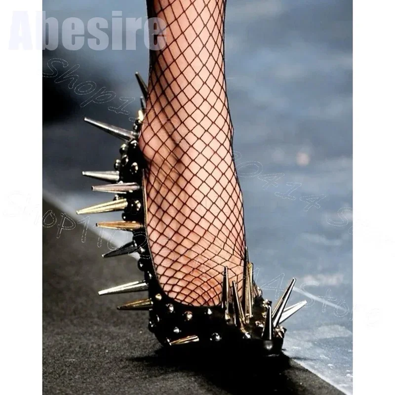 

Silver Spikes Black Shallow Pointed Toe Runway Pumps Slip On Women Shoes Thin High Heels Party Banquet 2025 Zapatos Para Mujere