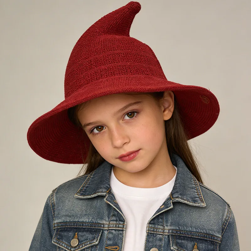 Children’s Knitted Pointed  Wizard and Witch Hat, Vintage Cotton Yarn Foldable Halloween Cosplay Hat, Party  Photo Prop Hat