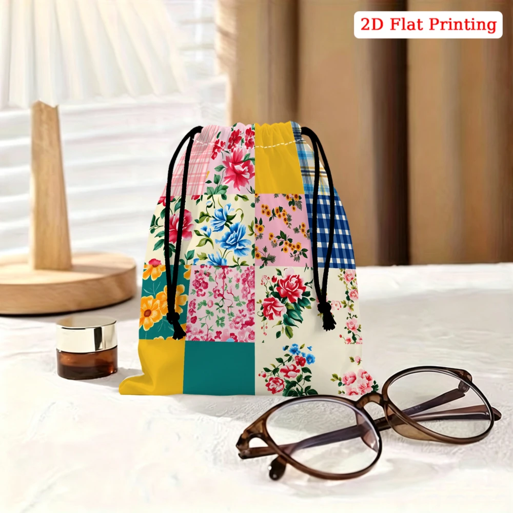 1pc Patchwork Floral Drawstring Bag Multicolor Flower Plaid Print Storage Small Pouch For Glasses Cosmetics Travel Organizer Por
