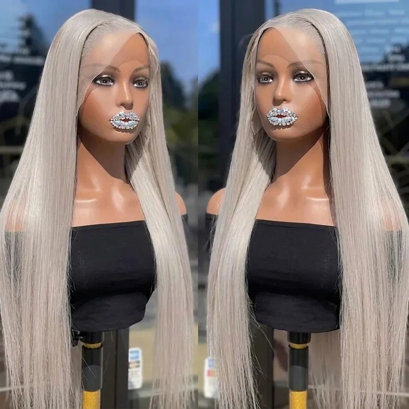 Heat Resistant Synthetic Hair Lace Frontal Wigs Silver grey Long Straight